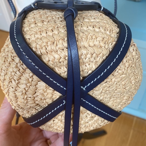 Tory Burch Miller Logo Straw Bucket Bag with Drawstring Closure